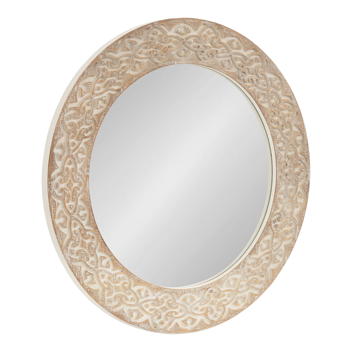 Kate and Laurel Engrahm Rustic Engraved Wooden Round Mirror, 26 Inch Diameter, Rustic Brown and White, Modern Farmhouse Distressed Circle Mirror for Use as Bathroom Mirror for Over Sink