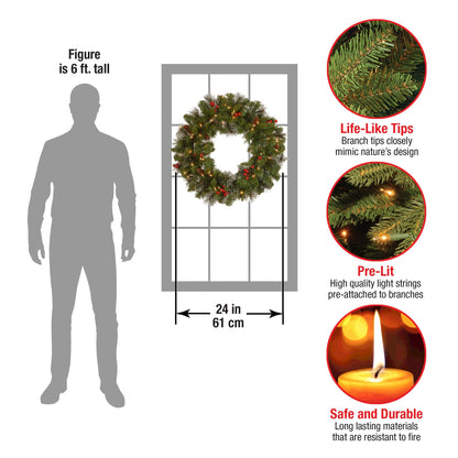 National Tree Company 24 in Pre-Lit Crestwood Spruce Artificial Christmas Wreath, Christmas Decoration with Glitter, Pinecones, Red Berries, 50 Clear LED Lights, 160 Tips, Timer, Green