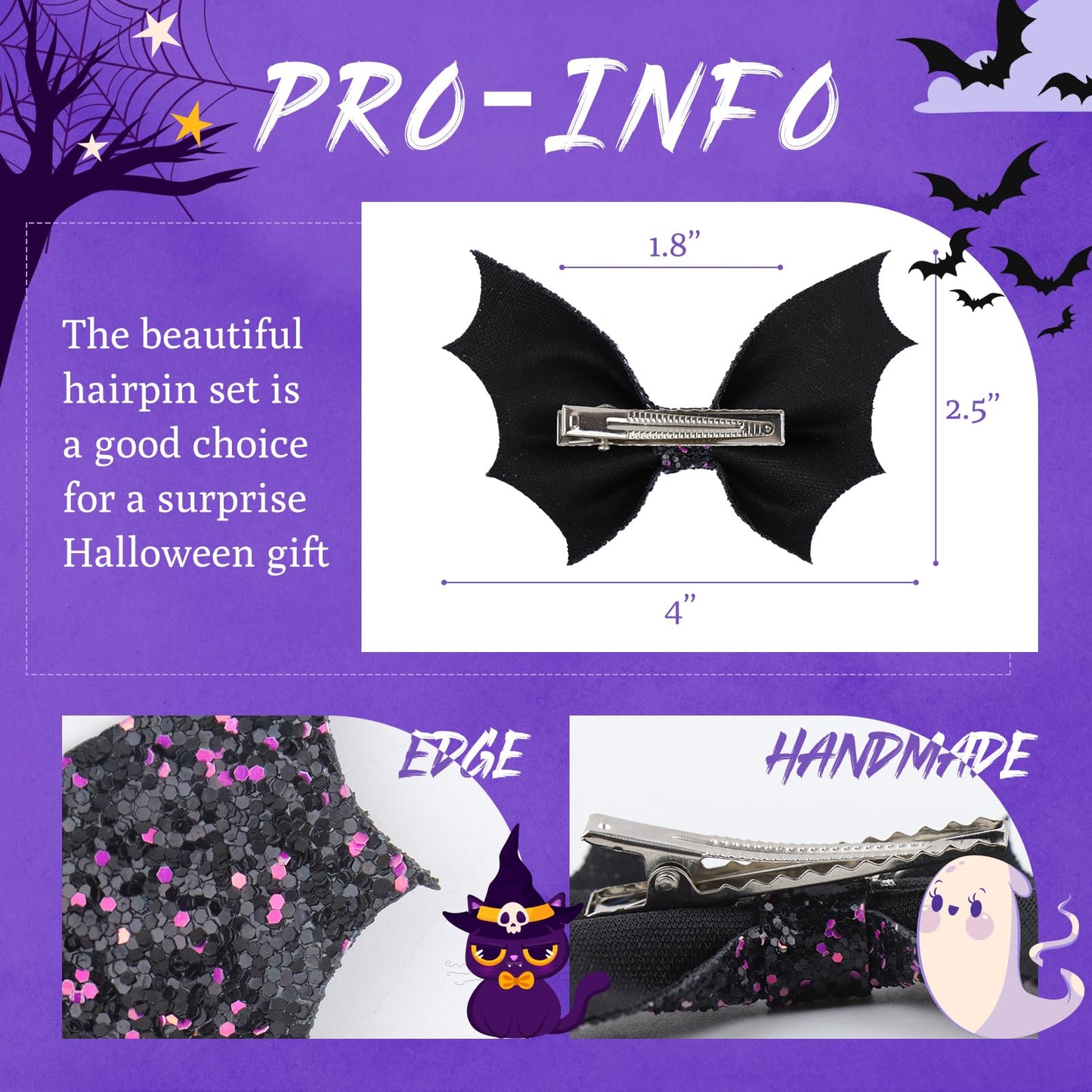 ONENINEDREAM Black Bat Hair Bow Clips, 2 Pcs PU Leather & Glitter Halloween Hair Clips with Alligator Clips, Baby Girl Toddler Halloween Bat Hair Clip, Infant Cosplay Costume Hair Accessories