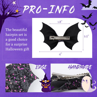 ONENINEDREAM Black Bat Hair Bow Clips, 2 Pcs PU Leather & Glitter Halloween Hair Clips with Alligator Clips, Baby Girl Toddler Halloween Bat Hair Clip, Infant Cosplay Costume Hair Accessories