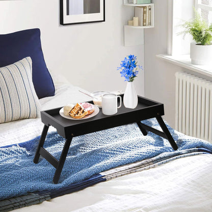 Asuthzon Bamboo Bed Tray Table with Foldable Legs, Breakfast in Bed Tray for Kitchen Serving Tray, Eating, Working, Drawing Tray (2 Pack, Black)