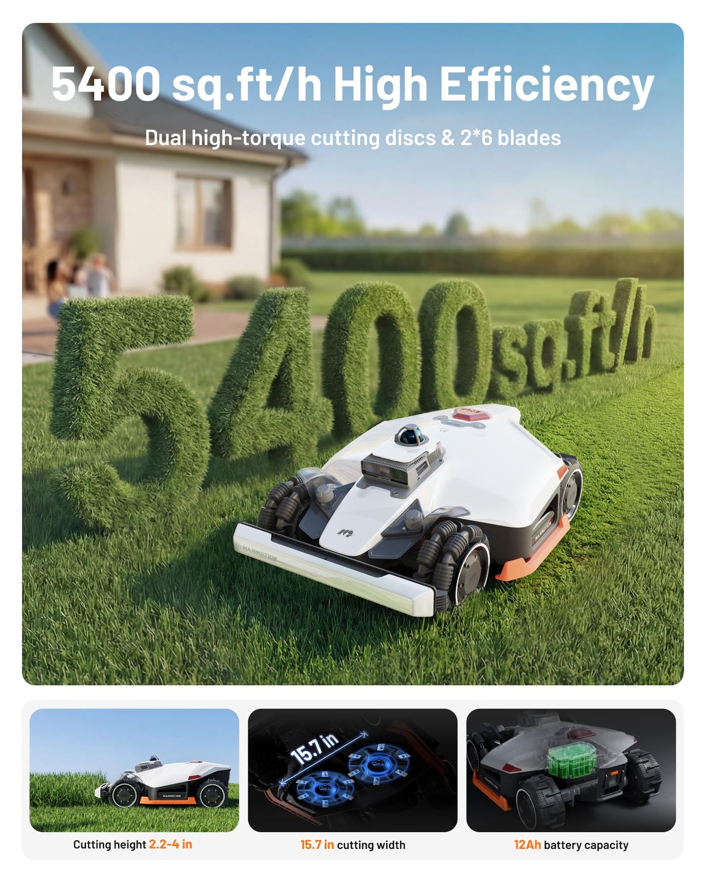 Mammotion LUBA 3 AWD 1500H Robot Lawn Mower with Garage (Ship Separately), 0.37 Acre, All-Wheel-Drive for 80% Slopes, 360° LiDAR+Dual-Camera AI Vision, 15 Multi-Zone Management, 2.2"-4.0" Cut Height