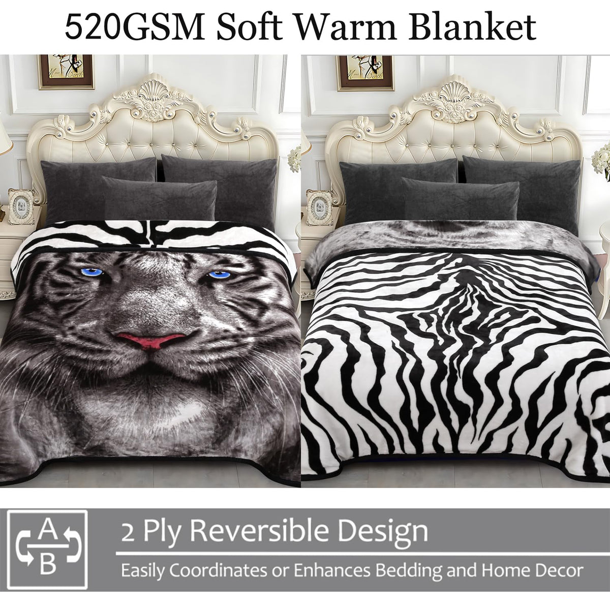JYK Soft Fleece Bed Blanket Queen Size 5 LB, Korean Style 2 Ply Reversible Fluffy Flannel Blanket Microfiber, Warm Cozy Blanket for Autumn, Winter 75x87 Inches - Black White Tiger/Tiger Stripes