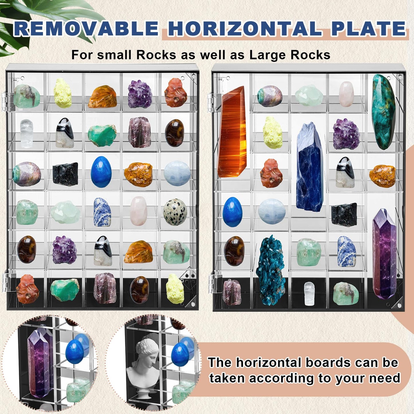 Cinnvoice Rock Display Case Adjustable 30 Grids Acrylic Display Case with Mirrored Crystal Organizer for Collectible, Crystal, Stones, Wall Mountable, Magnetic Door (Black Border, Square)