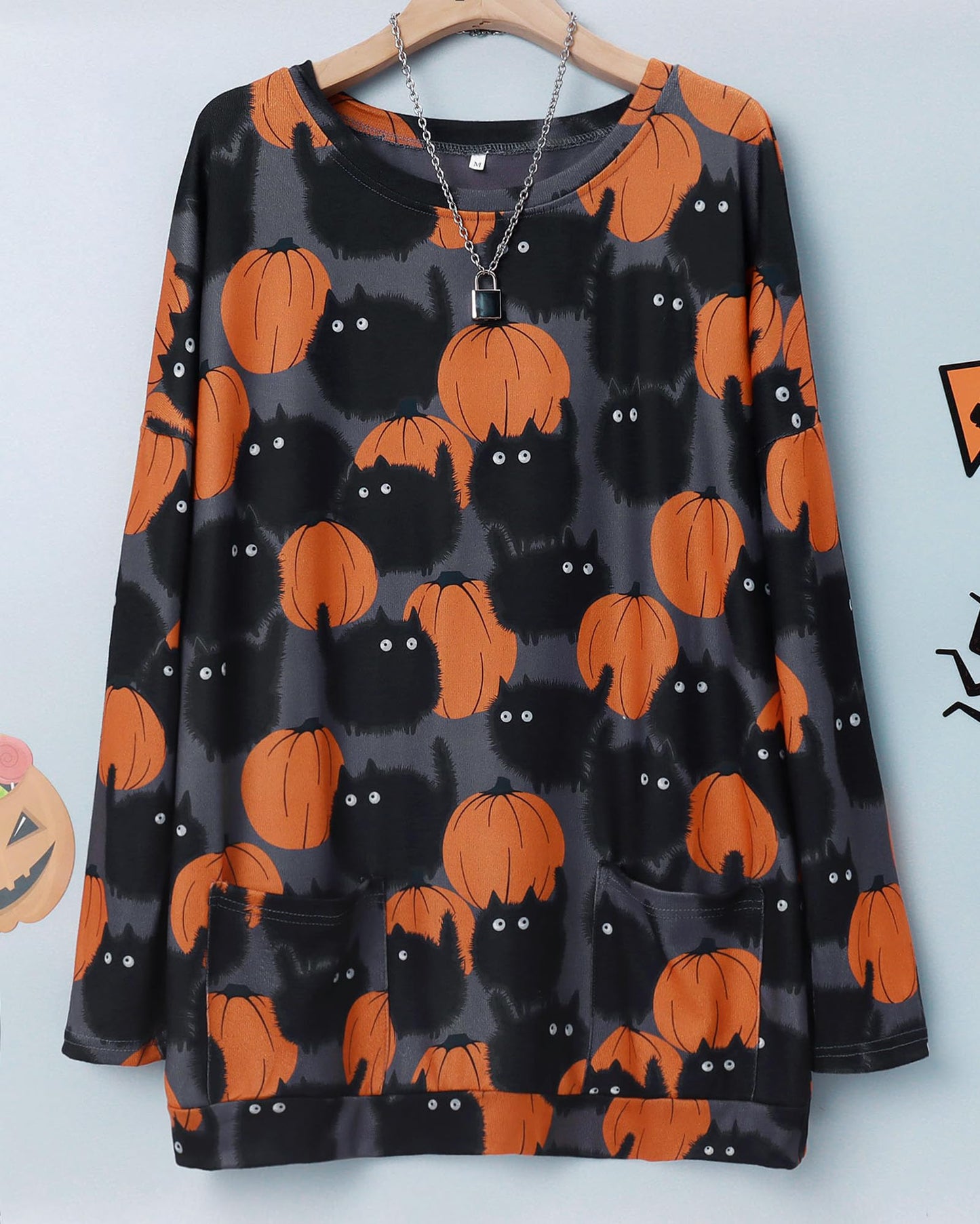 BOUTIKOME Womens Halloween Pumpkin Sweatshirt Black Cat Long Sleeve Crewneck Pullover Shirts with Pocket Tunic Tops (Dark Grey, XX-Large)