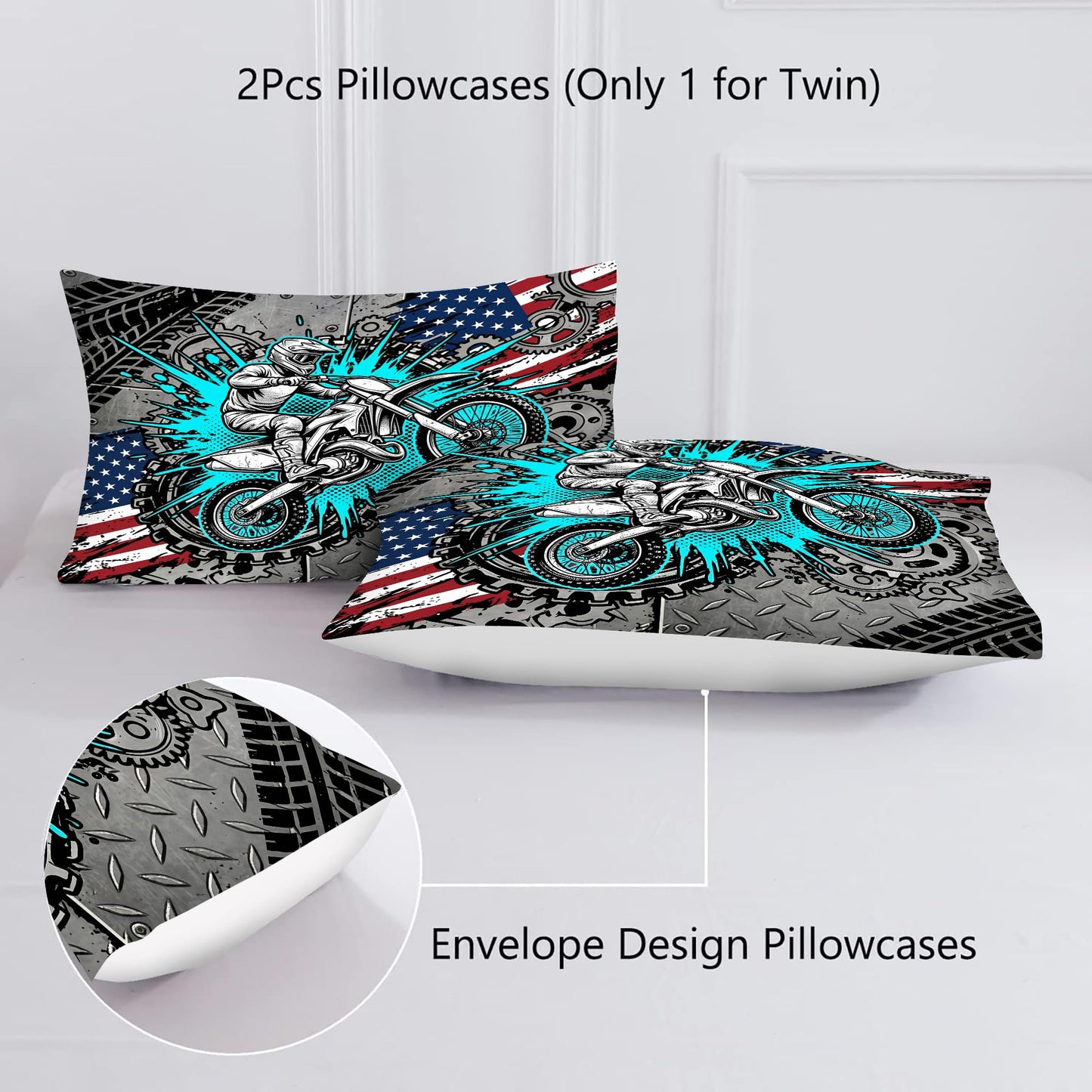 VTKON Motorcycle Comforter Set for Teens Queen 3Pcs with 1 Comforter and 2 Pillowcases Cool American Flag Bedding Boys Cool Bed Set Microfiber for All Season