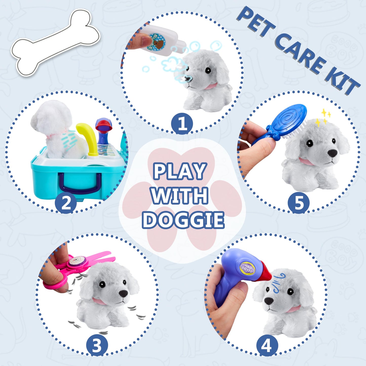 HERSITY Vet Toy Pet Care Kit Role Play Set Grooming Feeding Dog Games Backpack Toys for Kids 3 4 5 Years Old Girls Boys