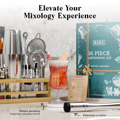 BARE BARREL® Mixology Bartender Kit Bar Set | 16-Piece Cocktail Shaker Set | Martini Barware Mixing Tools for Home Bartending | Incl. 35 Recipe Cards | Gift Set (28oz Boston Shaker, Silver/Natural)