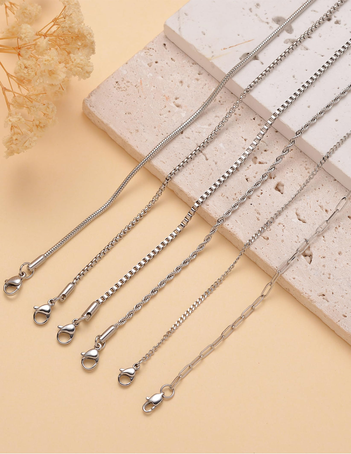 Wrlcorly 6Pcs Stainless Steel Chain Bracelets for Men Women 2mm Cuban Snake Twists Rope Box Beads Paperclip Link Chain Bracelet Sets Jewelry Gifts 7 Inches Length Adjustable