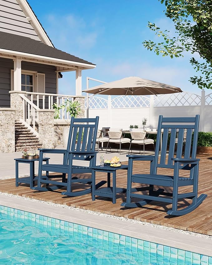HDPE Rocking Chair Outdoor Set of 2 - Poly High Back Porch Rocker Chairs for Adults - All Weather Resistant Furniture for Patio Front Porch - Navy Blue