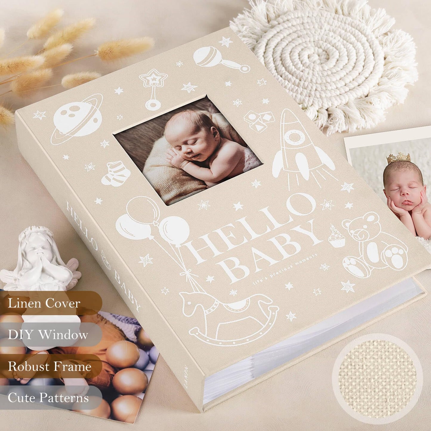 Lanpn Baby Photo Album 6x4 300 Pockets, Linen Newborn Bebe Ultrasound Photo Album with Memo Writing Area, Cover Photo Book Picture Album for kids, Baby Boy Memory Book Keepsake Gift Baby Shower Beige