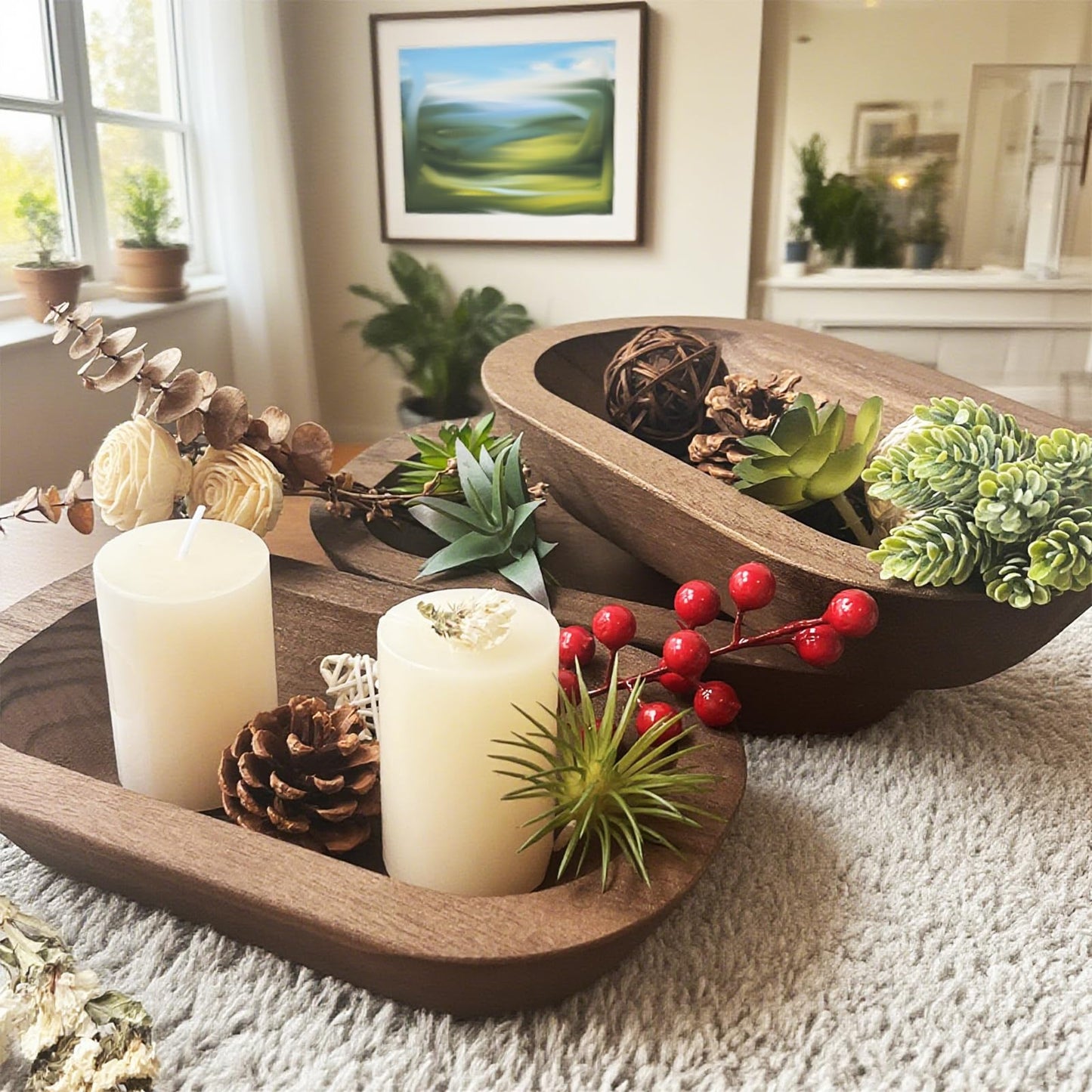 cachiv 4 Pack Dough Bowl for Candle, Wooden Decorative Bowls Paulownia Rustic Hand Carved Wooden Bowls for Candle Making Key Living Room 10"x6"x2" Brown