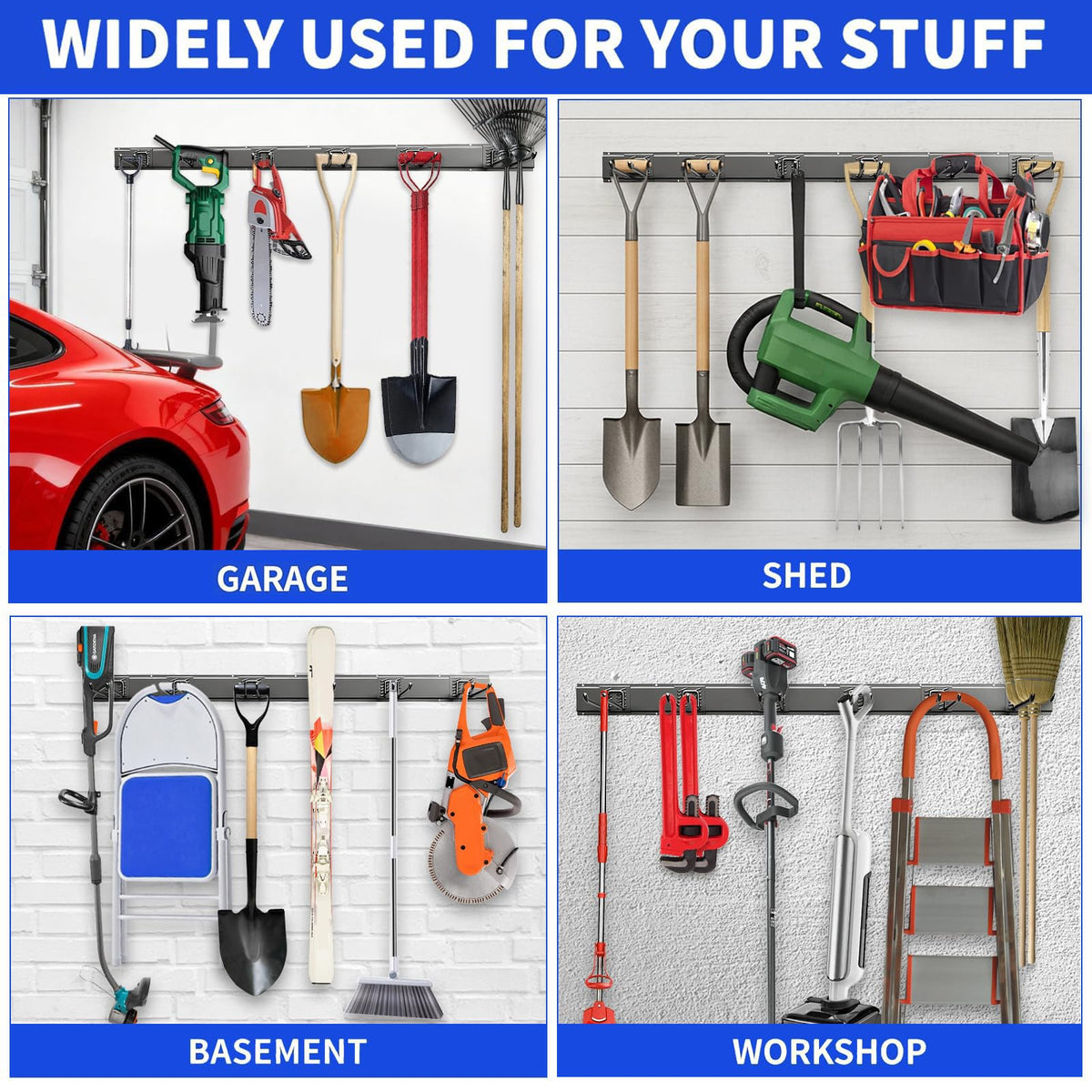 CRXCRC Garage Wall Organizer Wall Mount, 48inch Heavy Duty Garden Tool organizer Storage System, Easy Install With 6 Adjustable Hooks, For Garage, Basement, Shed, Workshop(Black)