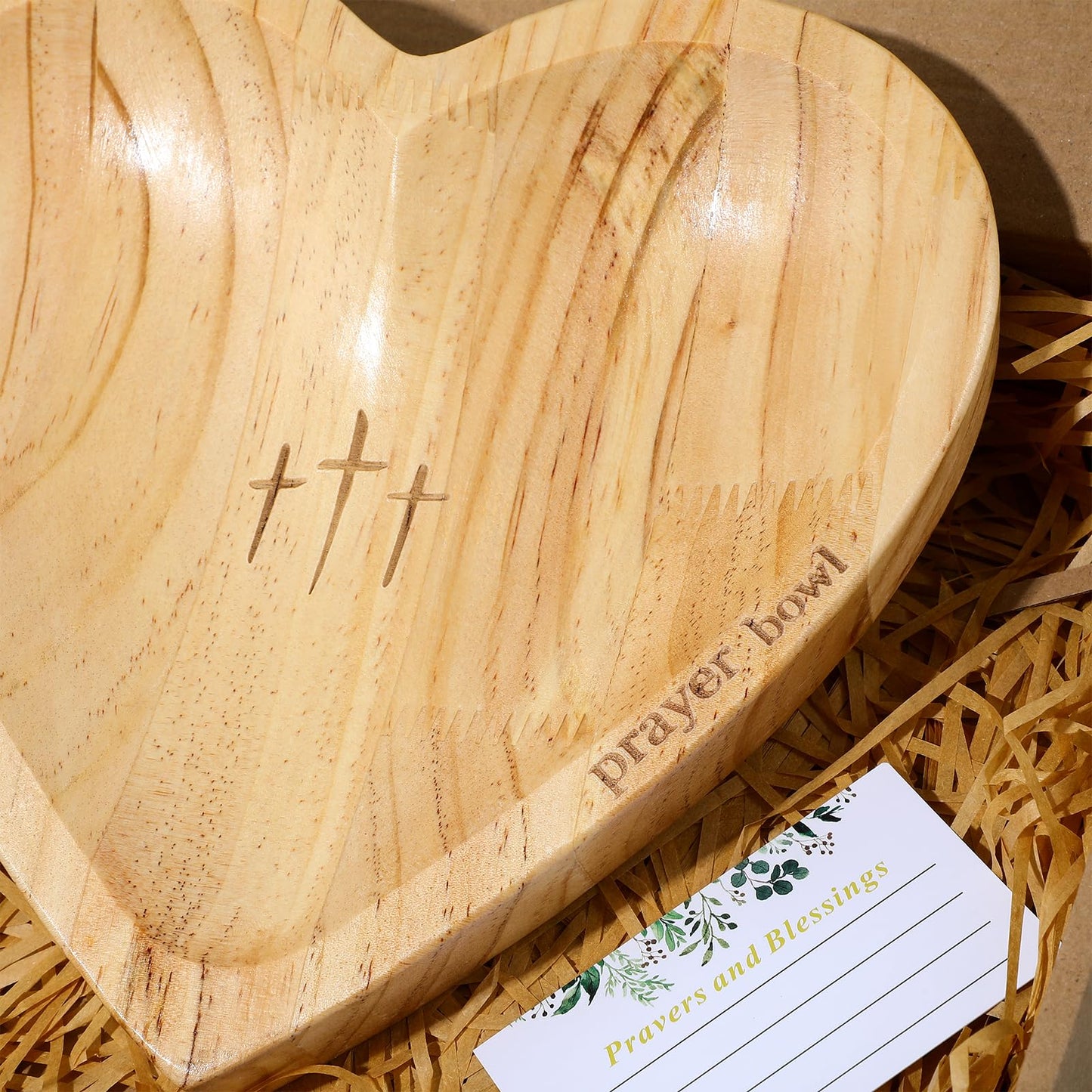 Dimeho Heart Prayer Bowl Wooden Handcrafted Prayer Dough Bowl with Cards Christian Gifts Love Shaped Decor Bowl for Women Religious Christmas Easter Thanksgiving Day