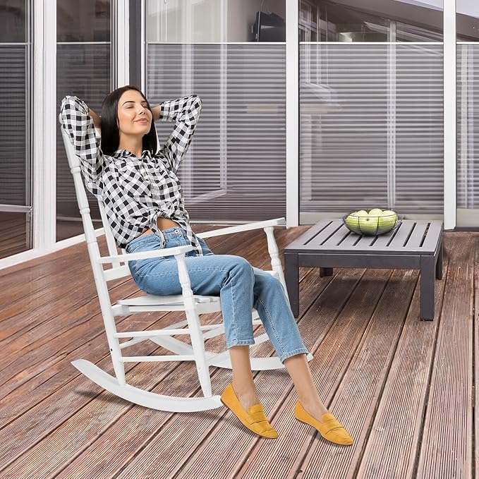VINGLI Wooden Rocking Chair, Outdoor Chair with 450 lbs Support (White, 1PC)