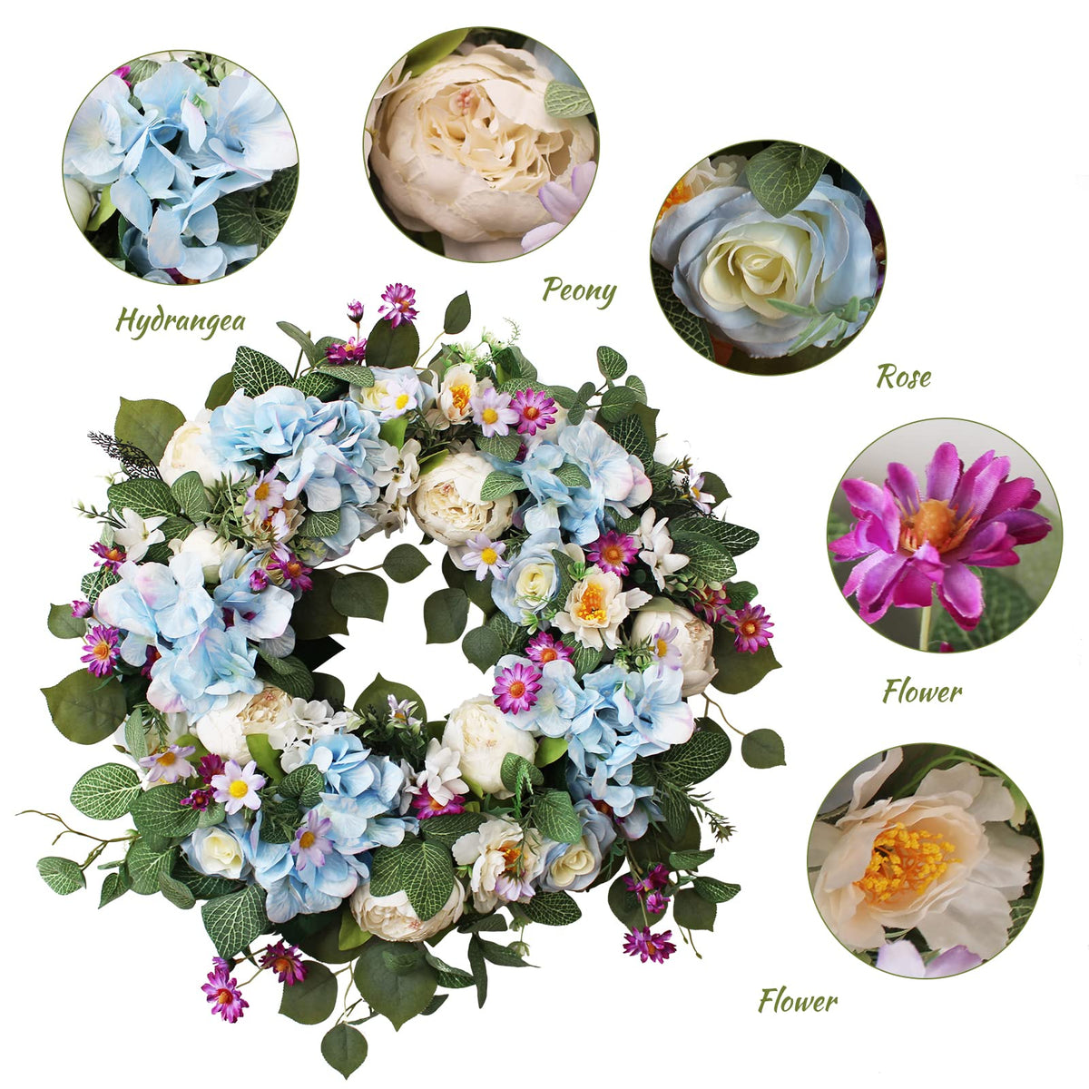 24 Inch Spring Wreaths for Front Door, Spring Wreath,Blue Hydrangea Wreath,Large Spring Summer Door Wreaths for Front Door Outside All Season Home Decor (Blue)