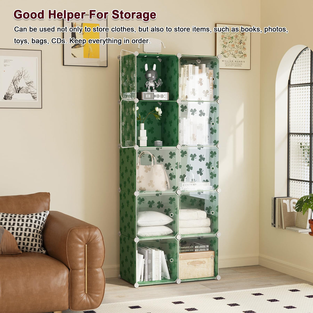 C&AHOME Cube Storage Organizer with Doors, 10-Cube Shelves, DIY Plastic Modular Bookshelf, Closet Clothes Storage Shelving Ideal for Bedroom, Living Room, Clover Embossed, Green
