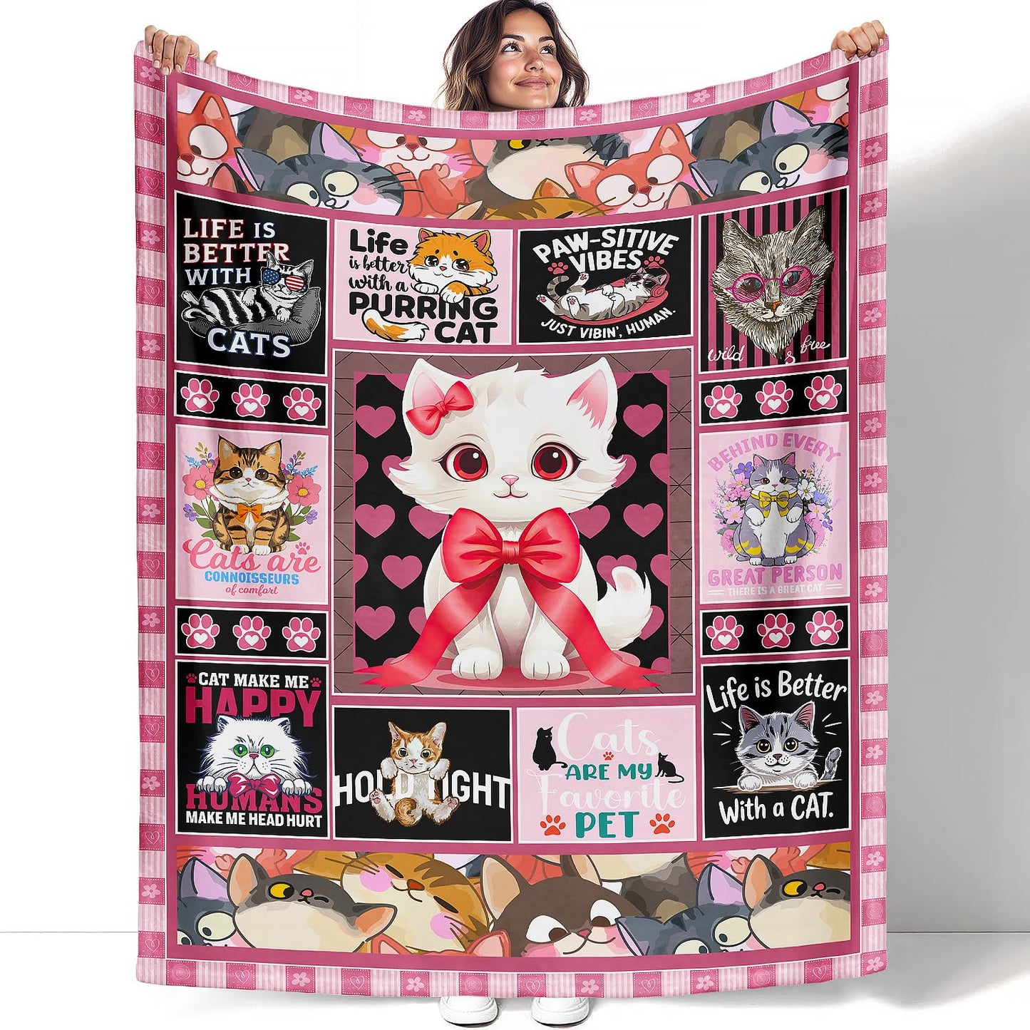 XSMEI Cat Throw Blanket, Cute Kitten Quotes Collage, Soft Cozy Fleece Blanket for Couch Bed, 60 x 80 Inches