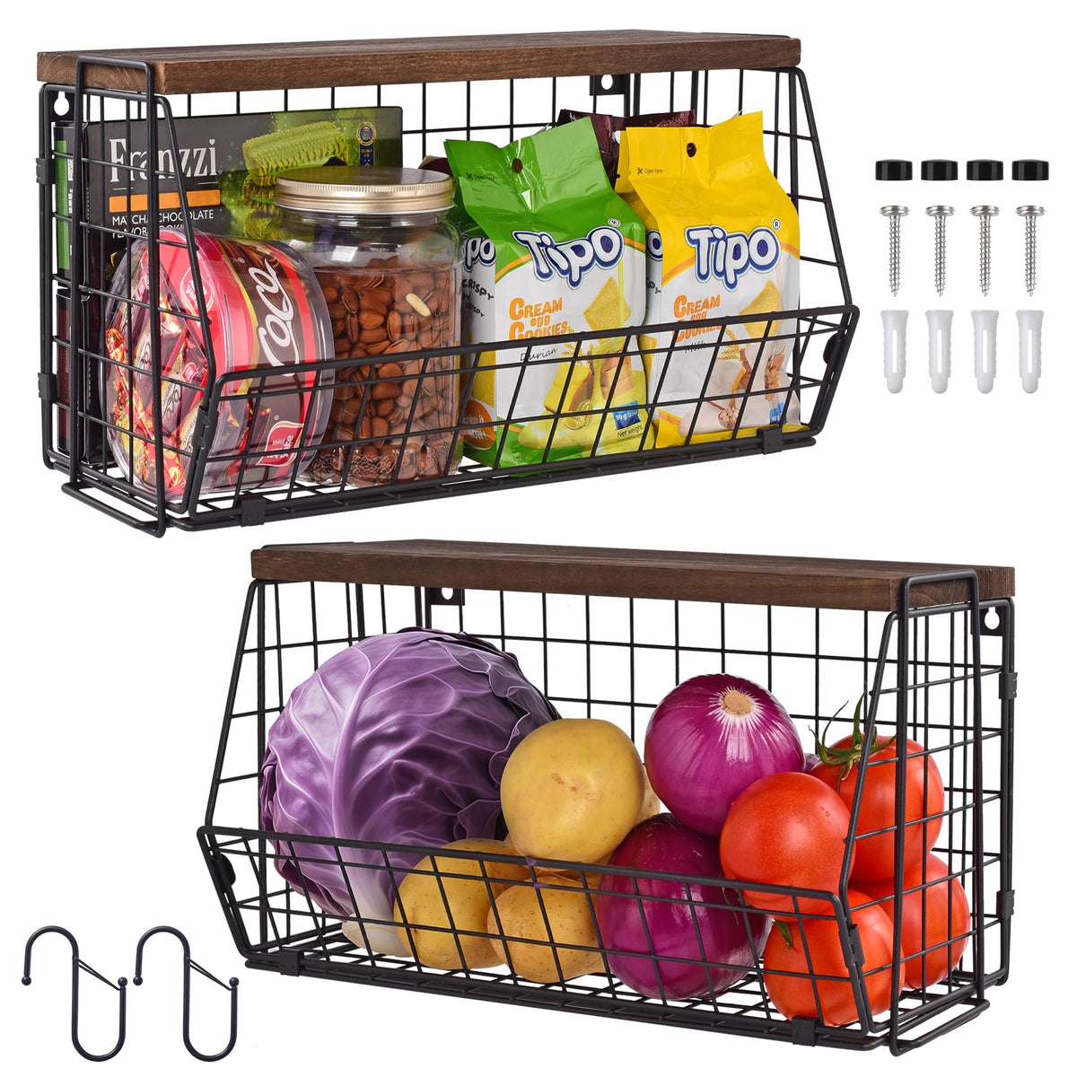 Wall Storage Hanging Baskets 2 PACK - Wooden Top Wire Basket Organizers & S Hooks - Assemble Floating Shelf Racks for Pantry Kitchen Office Bathroom Garage Organization (Extra Large)