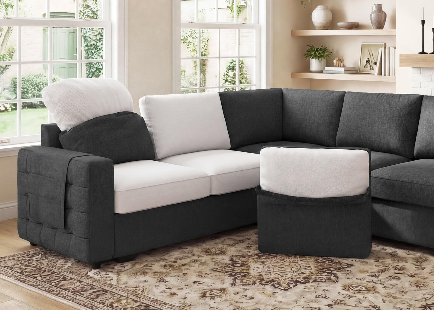HONBAY Sectional Sleeper Sofa with Pull-Out Bed Storage Chaise, 6 Seater Couch for Living Room, Dark Grey