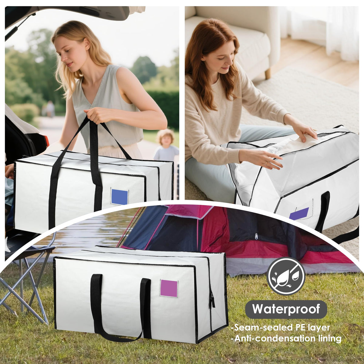 RMOHRO 6 Pack Moving Bags Heavy Duty 210GSM with Full-Open Side Zipper, 93L 65lbs Waterproof Foldable Storage Totes for College Dorm Move-In, Moving Boxes Alternative & Home Organization,White