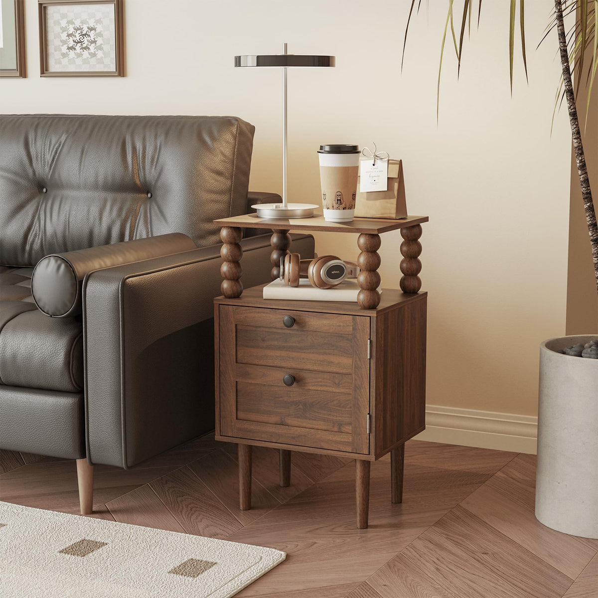 Veegle Nightstand,Modern Bedside Table with Storage Drawer and Open Wood Shelf, for Bedroom and Small Spaces,Night Stand with Solid Wood Legs (Walnut Brown)