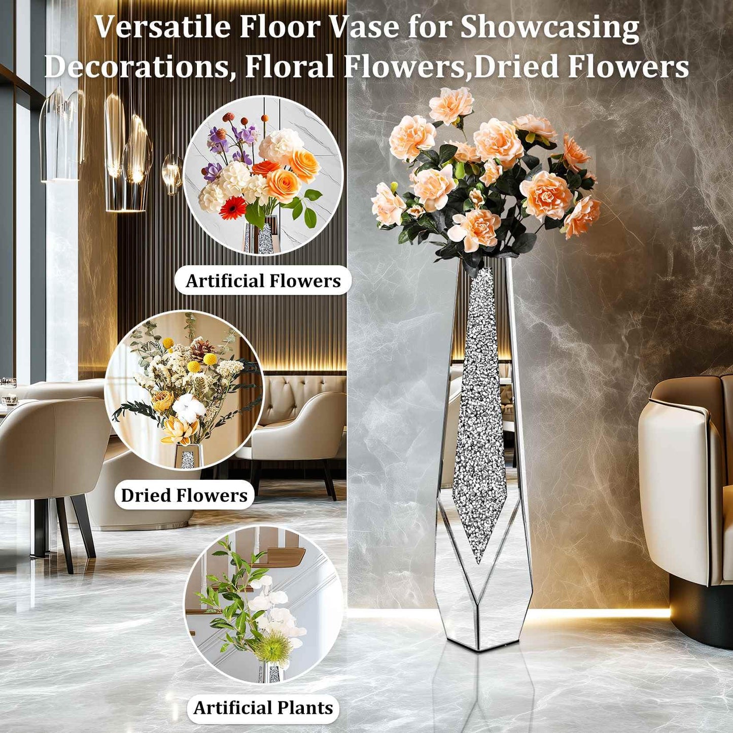 Artloge Mirror Floor Vase Crushed Diamond Silver Bling Centerpiece 33.6 inch Tall