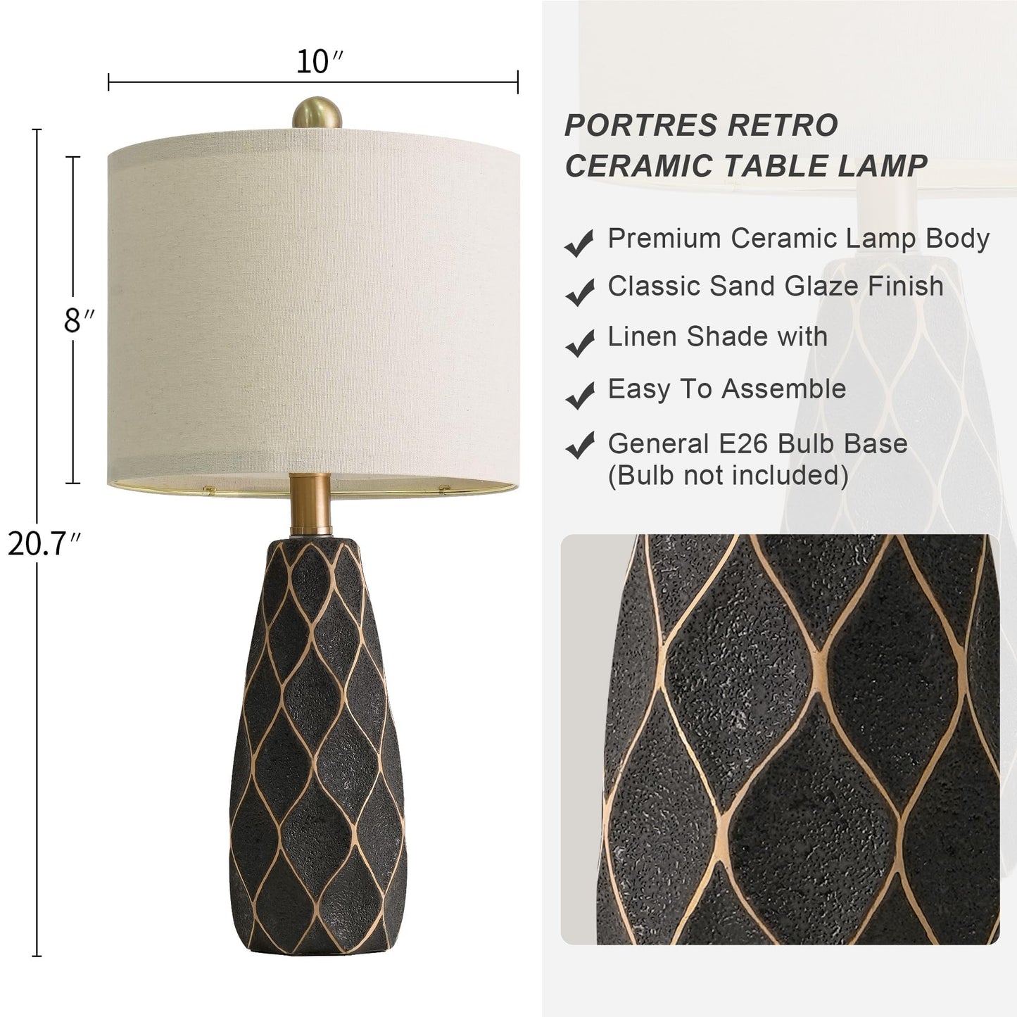 20.75" Small Table Lamps for Living Room Bedroom Lamps Set of 2 Ceramic Modern Boho Bedside Lamps Night Stands Farmhouse Vintage Nightstand Lamp Reading Light Home Office Dorm Desk Deco Gifts, Black