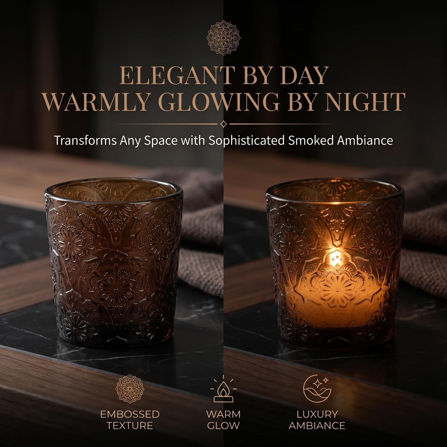 6 Pack Mandala Embossed Glass Candle Holders – Votive Tealight Holders with Patent Design, Decorative Embossed Glass Cups for Wedding Centerpieces, Parties, and Home Décor (Chestnut Brown)