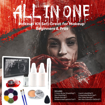 VIOLA HOUSE SFX Makeup Kit, Halloween Special Effects Makeup, 6 Colors Bruise Wound Face Body Paint + Scar Wax + Scar Oil + Liquid Latex + Fake Blood + Spatula + Stipple Sponge + Brush.
