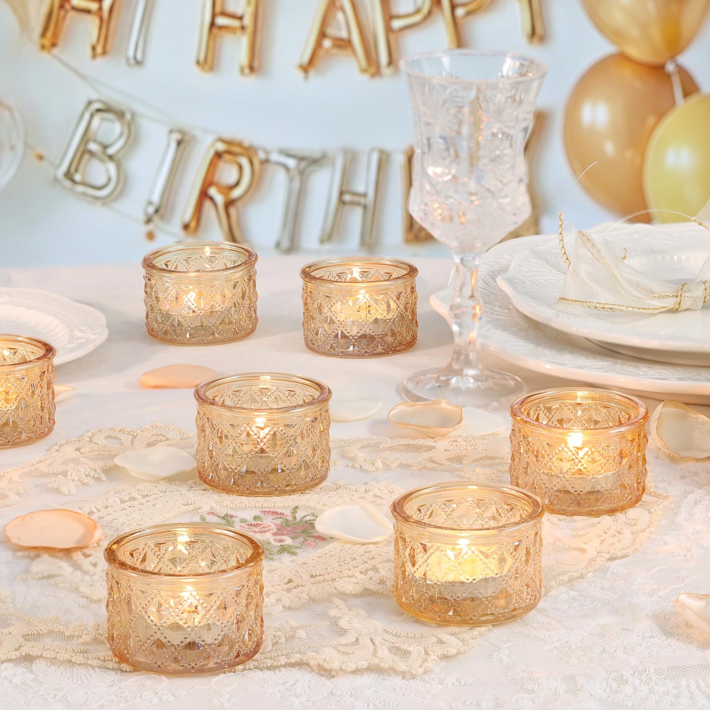 MATAHUM 24 Pack Gold Tealight Candle Holders, Glitter Diamond Glass Votive Candle Holders Bulk for Wedding Centerpieces, Bridal Shower, Baby Shower, Birthday, Anniversary, Party Decor