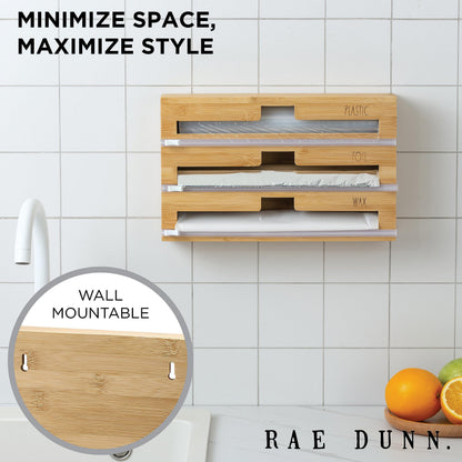 Rae Dunn Bamboo Bag Organizer for Kitchen Drawer - Durable Wood Organizer for Kitchen Storage - Holds Gallon, Quart, Snack, Sandwich Size Baggies, Plastic Wrap and Foil
