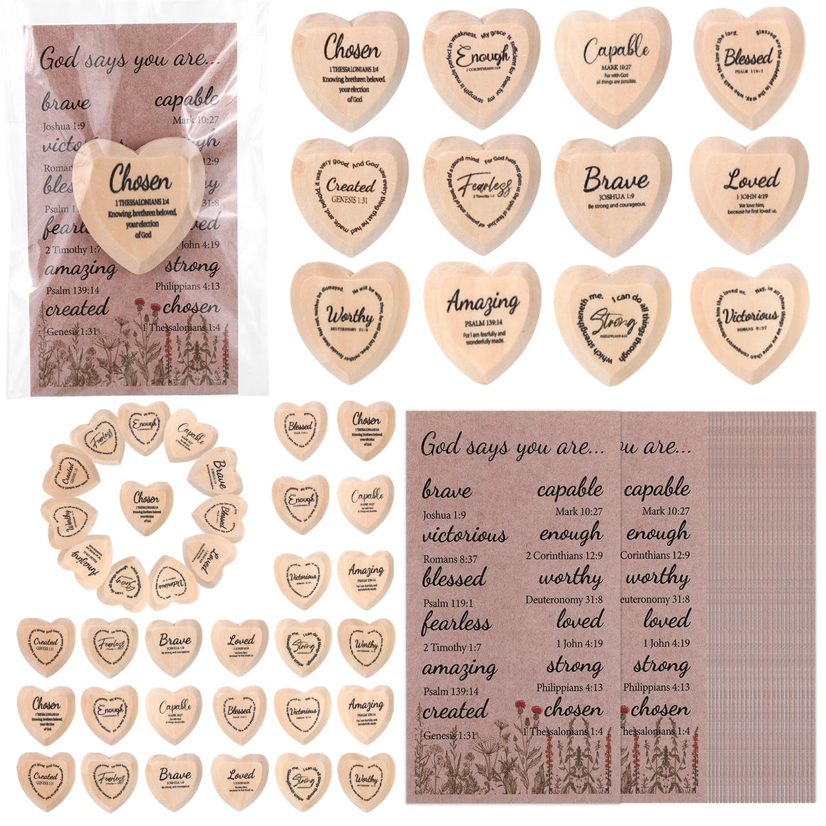 48 Set God Says You are Wood Heart Small Christian Gifts Bulk Religious Gifts Pocket Heart Token with Bible Verse Word Holy Week Affirmation Church Gift for Adults Sunday School Easter Supplies