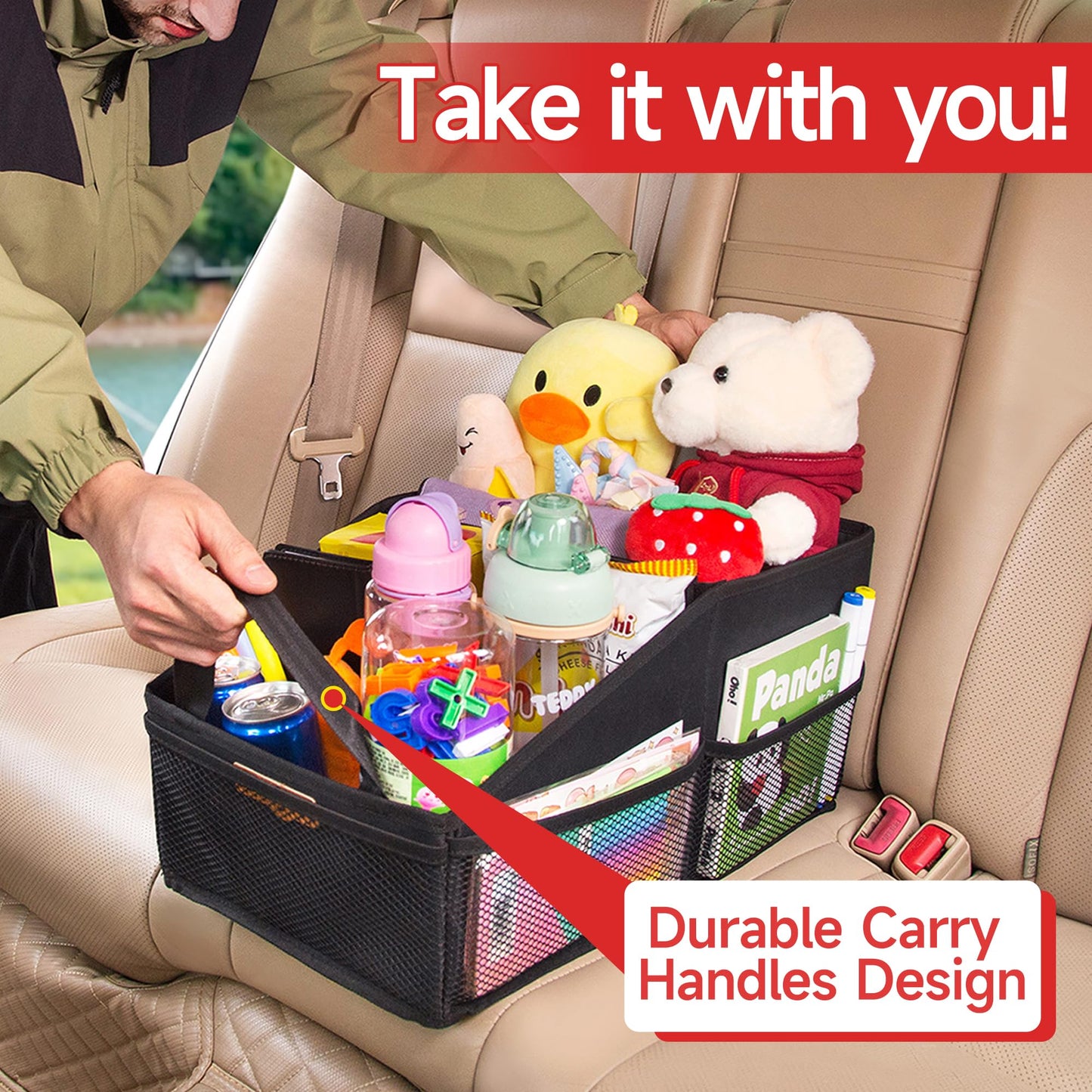 SURDOCA Car Seat Organiser for Front or Backseat, Travel Storage Accessories for Kids, Backseat Organiser with Tray for Toys, Snacks, Cups, Books, Tissue, Tidy and Clean