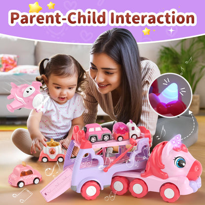 usrela Toys for 1 2 3 Year Old Girl Truck, 7-in-1 Girl Carrier Truck Car with Light & Sound, Toddler Girl Car Toys Age 1-3 2-4, Unicorn Toy Cars for 1 2 3 Year Old Girls Birthday