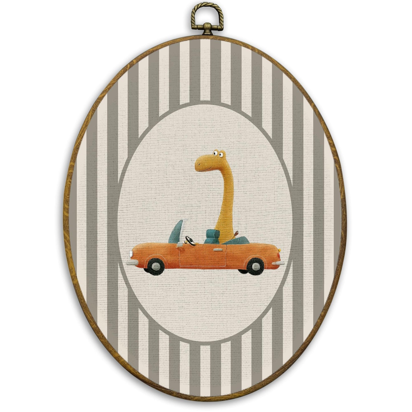 CUANFDDSF Brontosaurus Dinosaur Nursery Oval Wall Art Decor, Kids Room Wall Hanging Decor, Brontosaurus Drive Car Framed Canvas Prints for Kids Boy Nursery Room Bedroom Playroom, 8.6x11.4 Inch