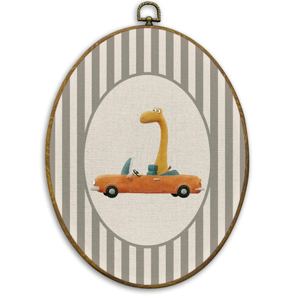 CUANFDDSF Brontosaurus Dinosaur Nursery Oval Wall Art Decor, Kids Room Wall Hanging Decor, Brontosaurus Drive Car Framed Canvas Prints for Kids Boy Nursery Room Bedroom Playroom, 8.6x11.4 Inch