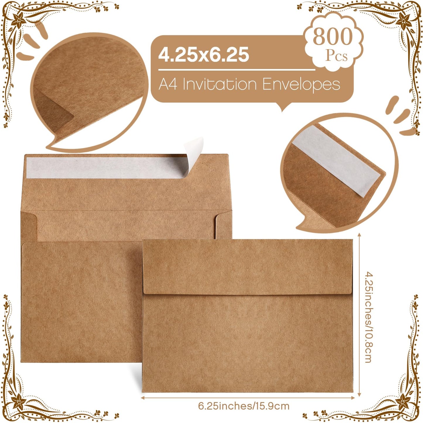 Fainne 800 Pack Brown Envelopes Bulk, Kraft Envelopes for Invitation, 120 GSM Gift Card for Office, Gift, Party, Baby Shower, Wedding (A4,4.25 x 6.25")