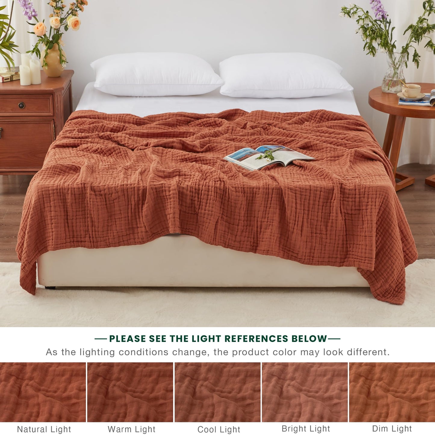 Love's cabin 100% Cotton Muslin Blanket, 6 Layer Lightweight Breathable Gauze King Size Blanket 108 x 90 Inches, Soft Summer Blanket for Bed, Orange