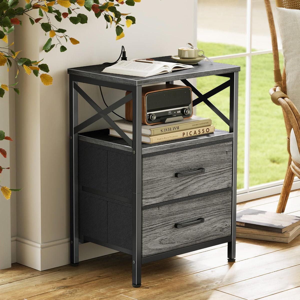 Huuger Nightstands Set of 2, Night Stand with Charger Station, 2 Drawer Side Table with Open Shelf, USB-C Port, End Table for Small Spaces, X Shaped Side Rail, Grey