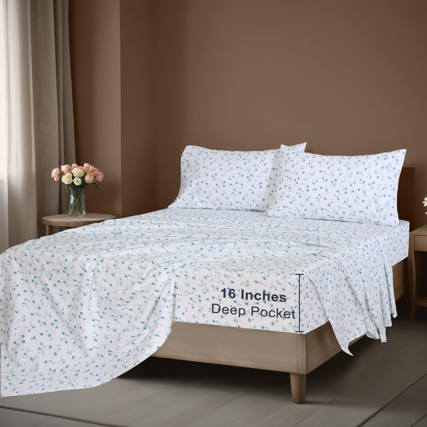 ZOYER 100% Cotton Sheets – Full Size Percale Bedding, Cooling & Breathable, Durable with a Crisp, Soft & Comfortable Feel, 16" Deep Pocket, 4-Piece Set, La Laa Flower