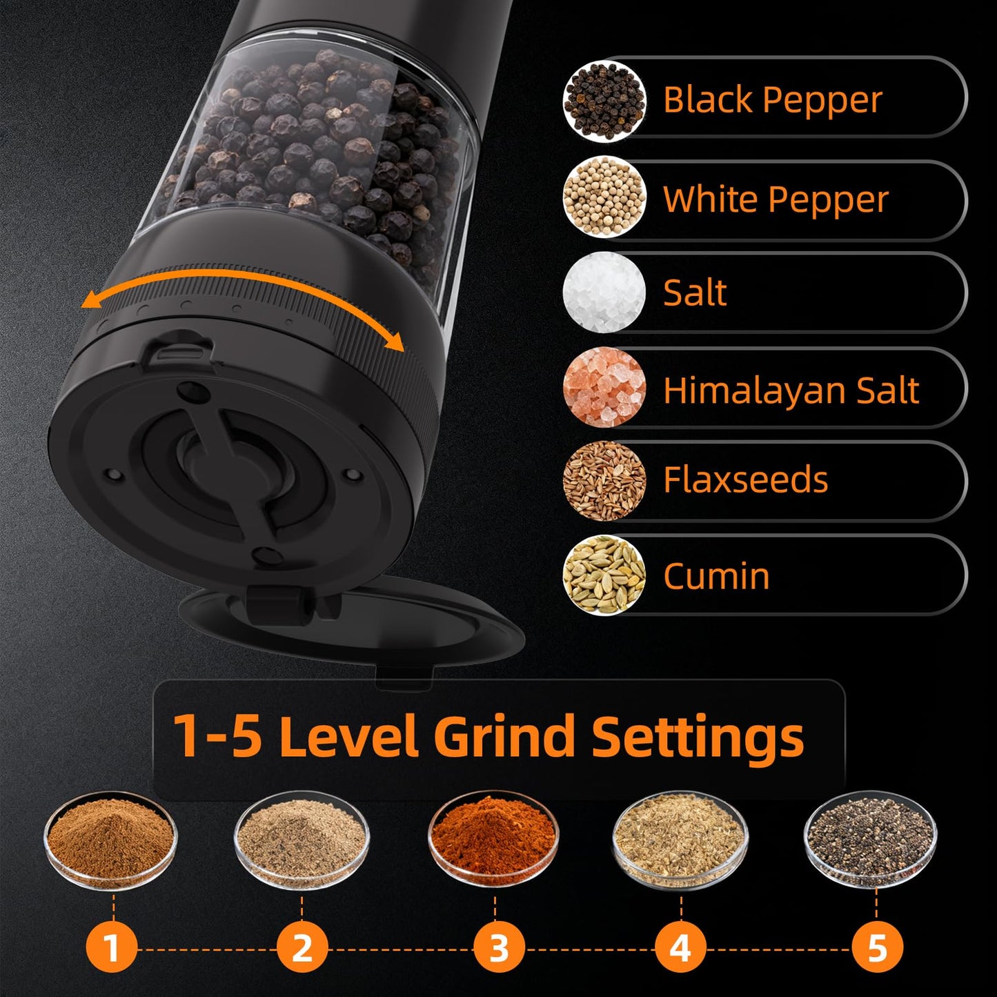 Electric Salt and Pepper Grinder, Rechargeable Automatic Pepper Mill with Base,5-Level Adjustable Coarseness, Display, LED Lighting, Large Capacity-Ideal for Kitchen, BBQ Gifts (1, Black-A)