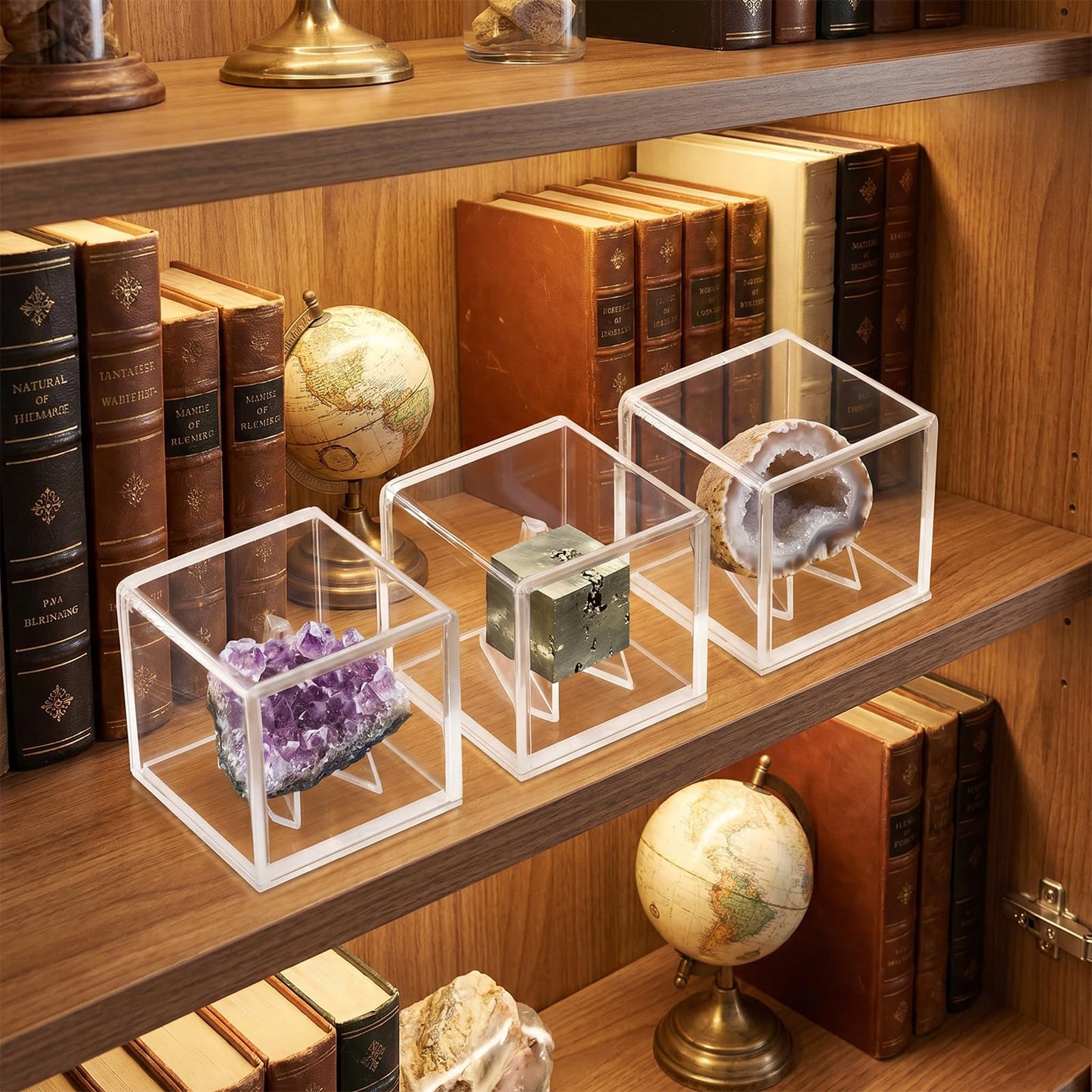 Bromjavol 3 Pack Rock Display Case, Small Acrylic Display Case with Stand, 2'' x 2'' x 2'' Acrylic Display Case for Collectibles, Gem Display Case, Rock Collection Box for Stones, Minerals, Fossils