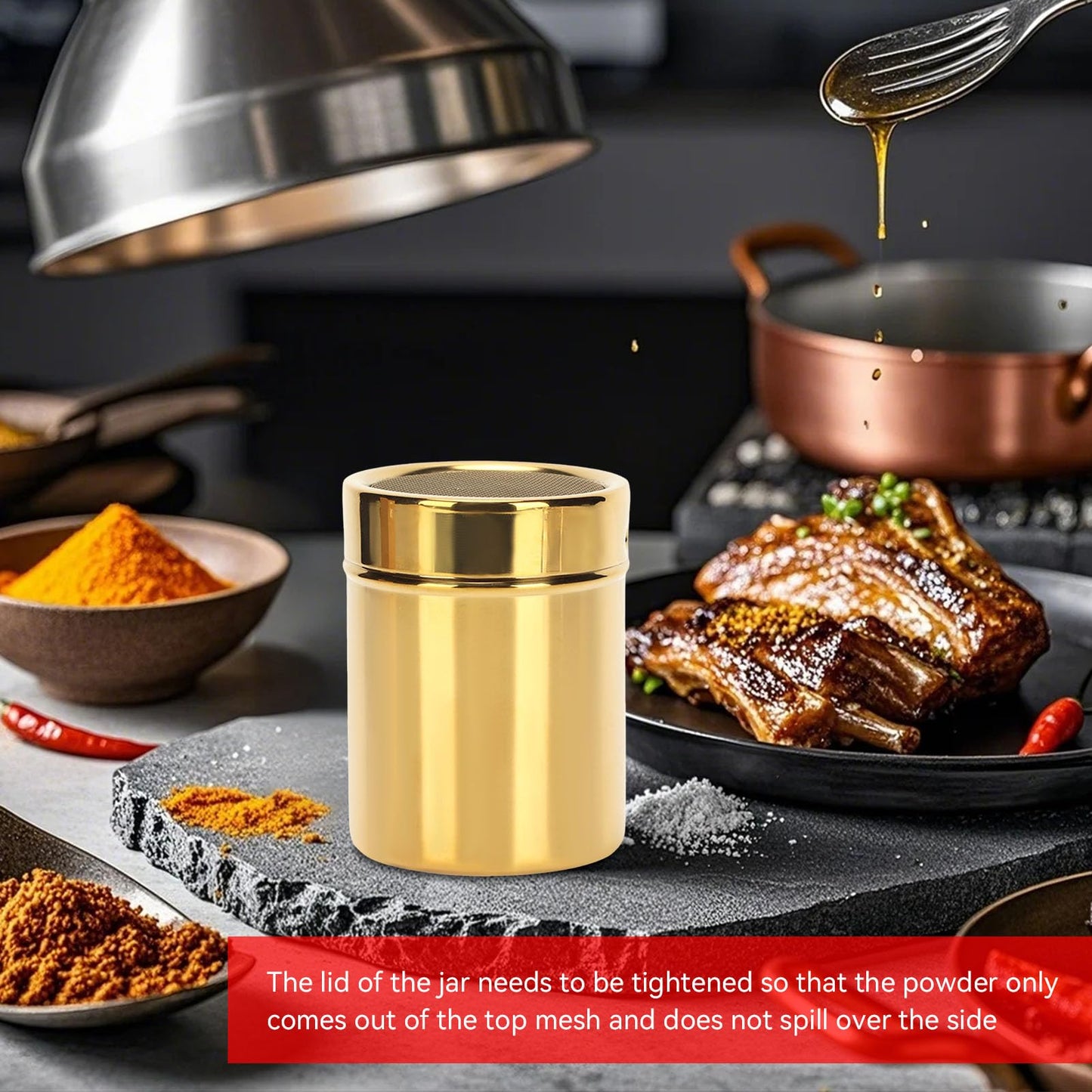 Stainless Steel Dredge Shaker, Powder Sugar Dispenser Fine Mesh Powder Sugar Shaker with Lid Gold Salt and Pepper Shakers for Kitchen Powdered Sugar Shaker