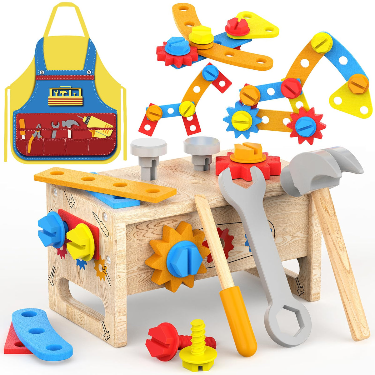 Montessori Toys for 2 Year Old Boy - Wooden Kids Tool Set with Apron