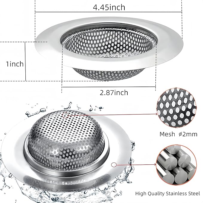 2PCS Kitchen Sink Drain Strainer, Stainless Steel Mesh Sink Strainer, Kitchen