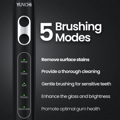 YUNCHI C3 Electric Toothbrushes for Adults,8 Brush Heads and Travel Case,Sonic Toothbrush with 5 Modes and 2 Mins Smart Timer, Black