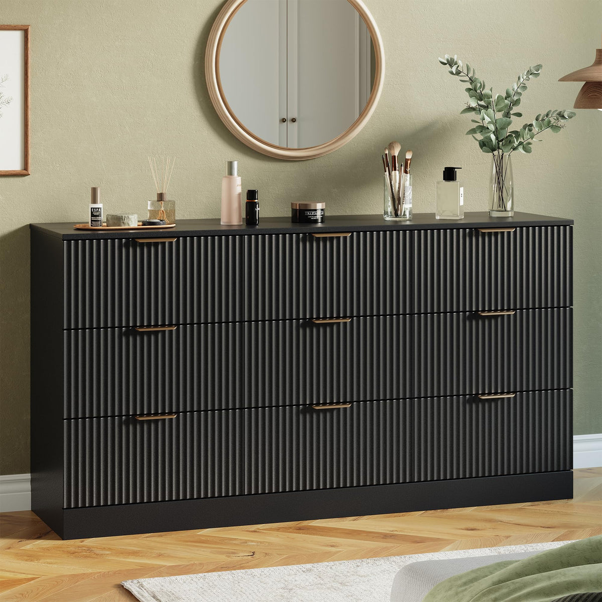 MALOL Fluted 9 Drawer Dresser for Bedroom, 59" Wide Wood Chest of Drawers with Metal Handle, Long Dresser Storage Organizer TV Stand for Closet, Living Room, Hallway, Black