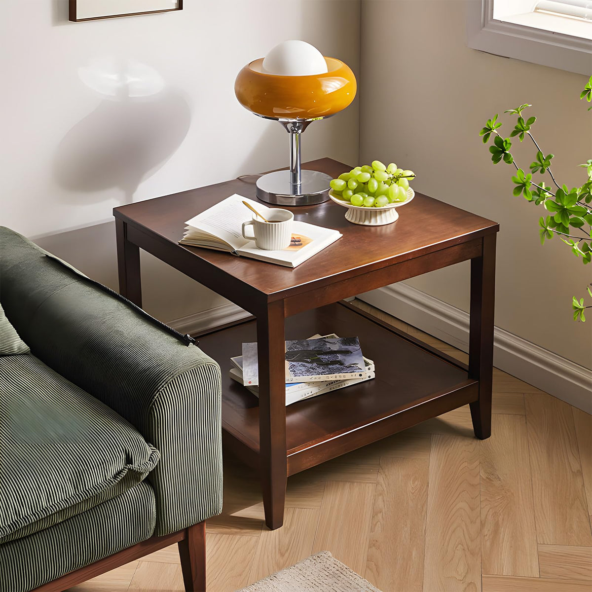 Cttasty Side Table, Solid Wood Square End Table with Storage Shelf, 2-Tier Coffee Table for Living Room, Rubber Wood Small Sofa Table, Nightstand 23.62 H x 23.62 W x 23.62 D Inches (Walnut)