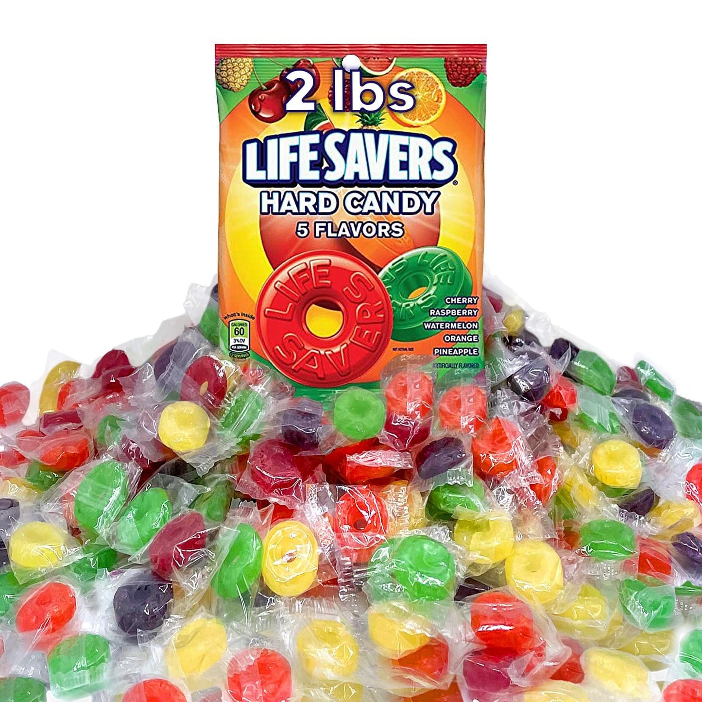 Lifesavrs 5 Flavors Fruit Candy - 2 Pounds Of Approx 240 Pieces Individually Wrapped - Bulk Lifesavrs Hard Candy - Cherry, Raspberry, Watermelon, Orange And Pineapple - Holiday Candy - Bulk Candy Individually Wrapped For Sharing with Family & Frineds - Pe